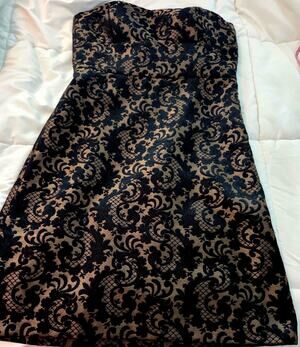 Ann Taylor LOFT Strapless Dress Black Gold Brocade Damask Size 6 Cocktail